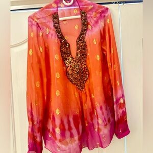 Hale Bob sheer boho blouse with embellished neckline,